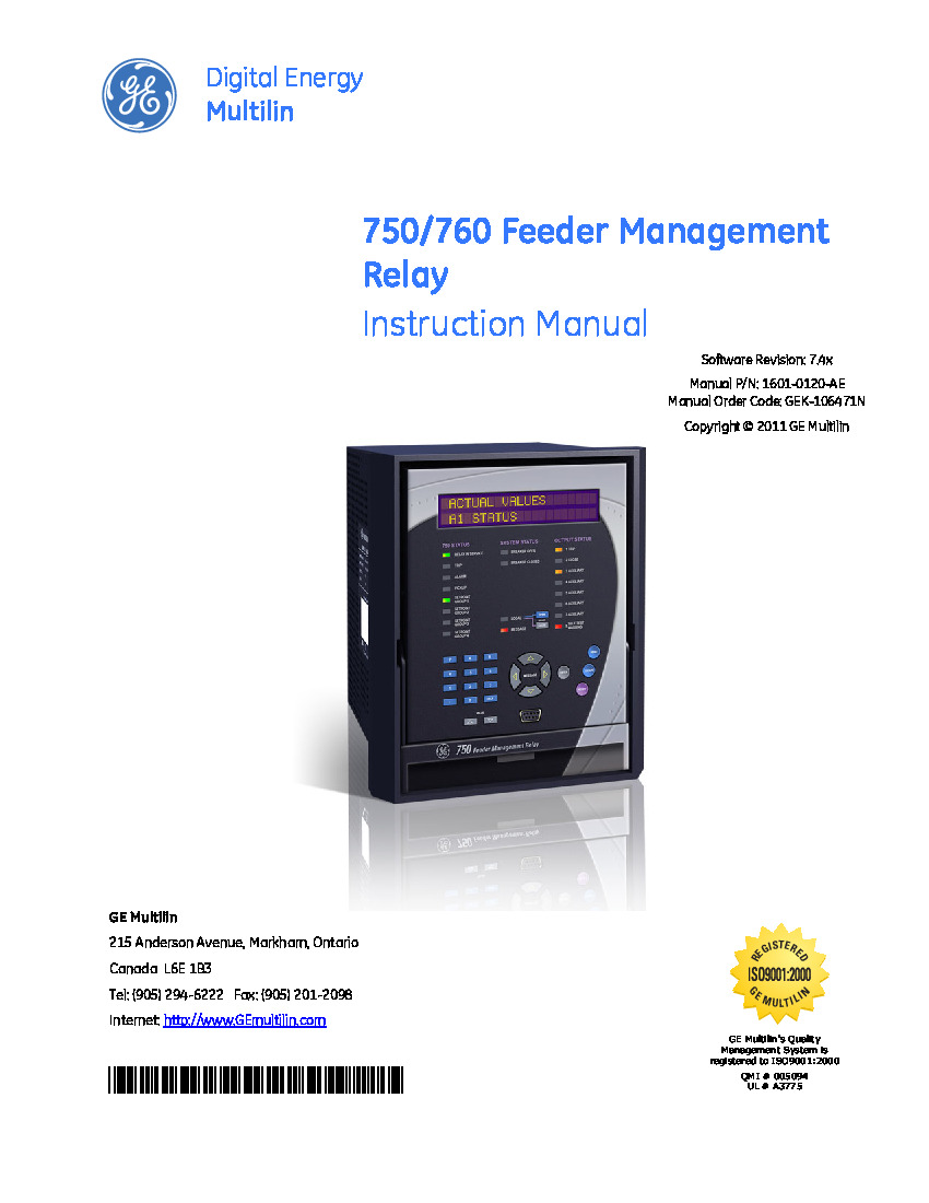 First Page Image of 750-P5-G5-S5-HI-A20-R-E GE Multilin 750 760 Manual 1601-0120-AE.pdf